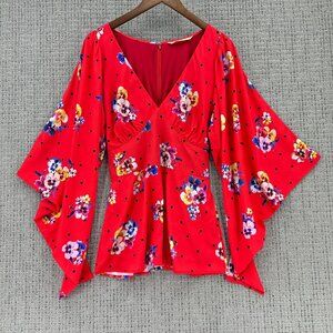 Wayward Fancies eShakti Blouse Womens S Red Floral V-Neck Bell Sleeve Lined